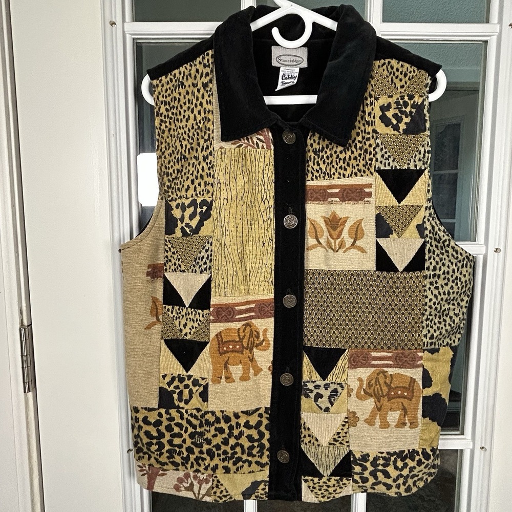 Vintage 90s Stonebridge Tapestry Vest XL Elephant Leopard Patchwork Black Velvet